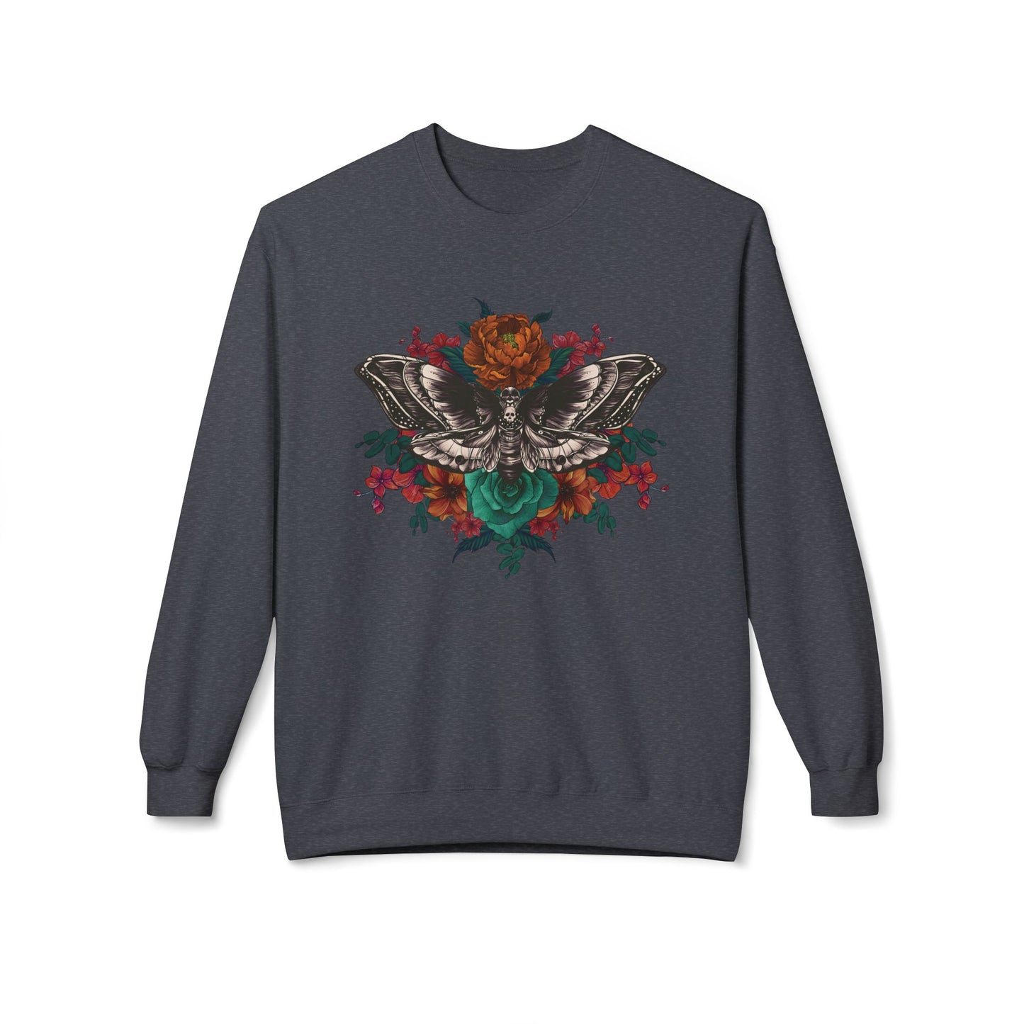 Moth and Flowers Tattoo Sweatshirt, Bright Red and Orange Flowers