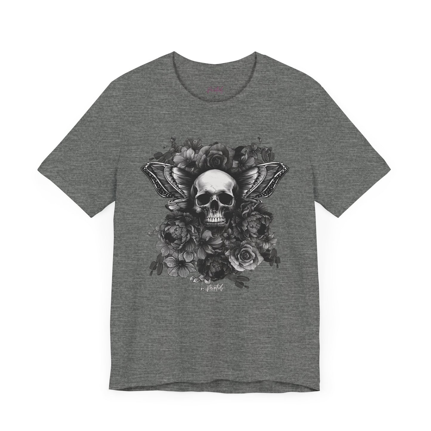 Floral Skull Tattoo Style Tee, Greyscale flowers