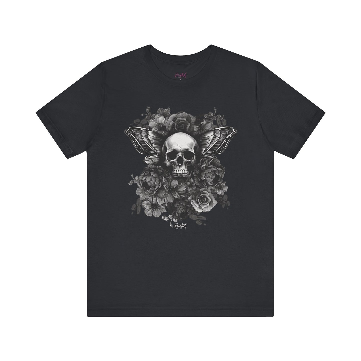 Floral Skull Tattoo Style Tee, Greyscale flowers