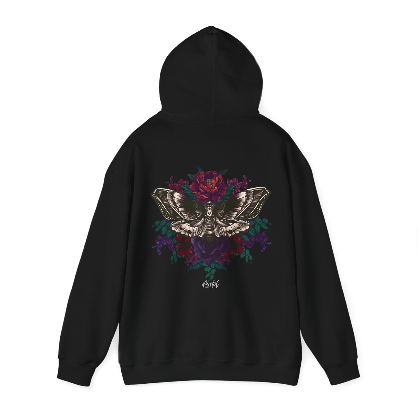 Tattoo Style Deaths Head Moth and Flowers Hoodie, Deep Purple and Burgundy