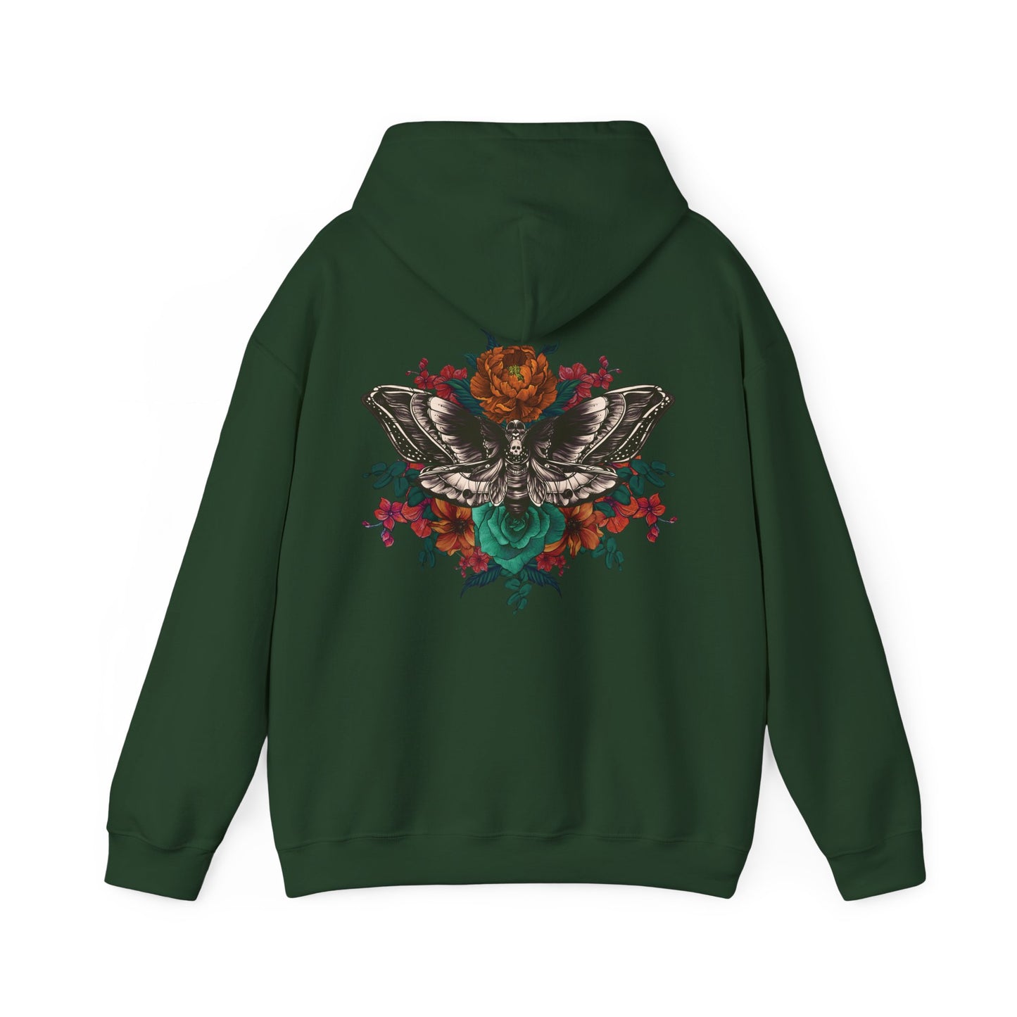 Tattoo Style Deaths Head Moth and Flowers Hoodie, Reds and Oranges