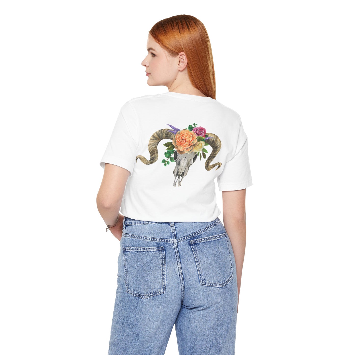 Ram Skull Back Unisex Tee, Peach Flowers