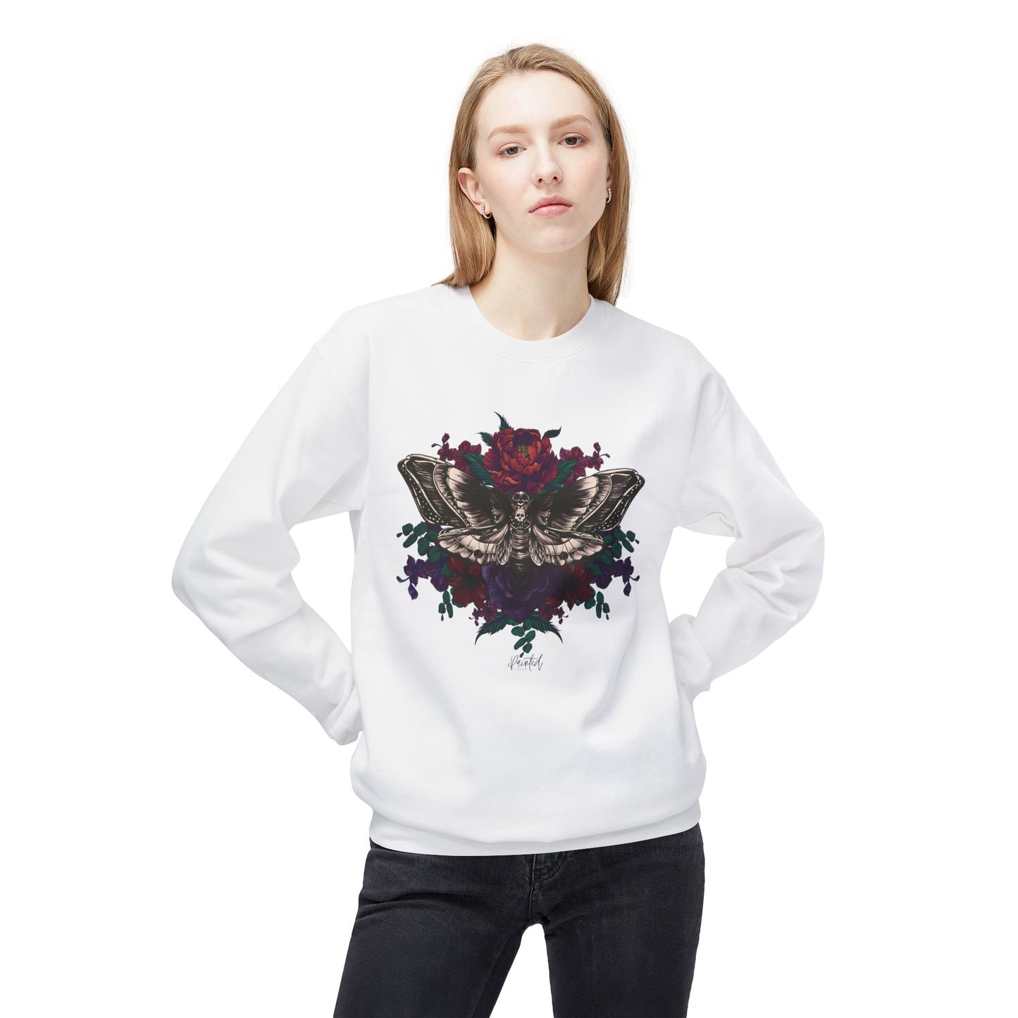 Moth and Flowers Tattoo Sweatshirt, Deep Red and Burgundy Flowers