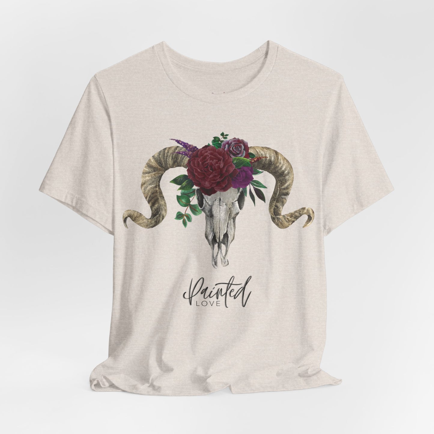 Ram Skull and flowers Unisex Tee, Burgundy Flowers