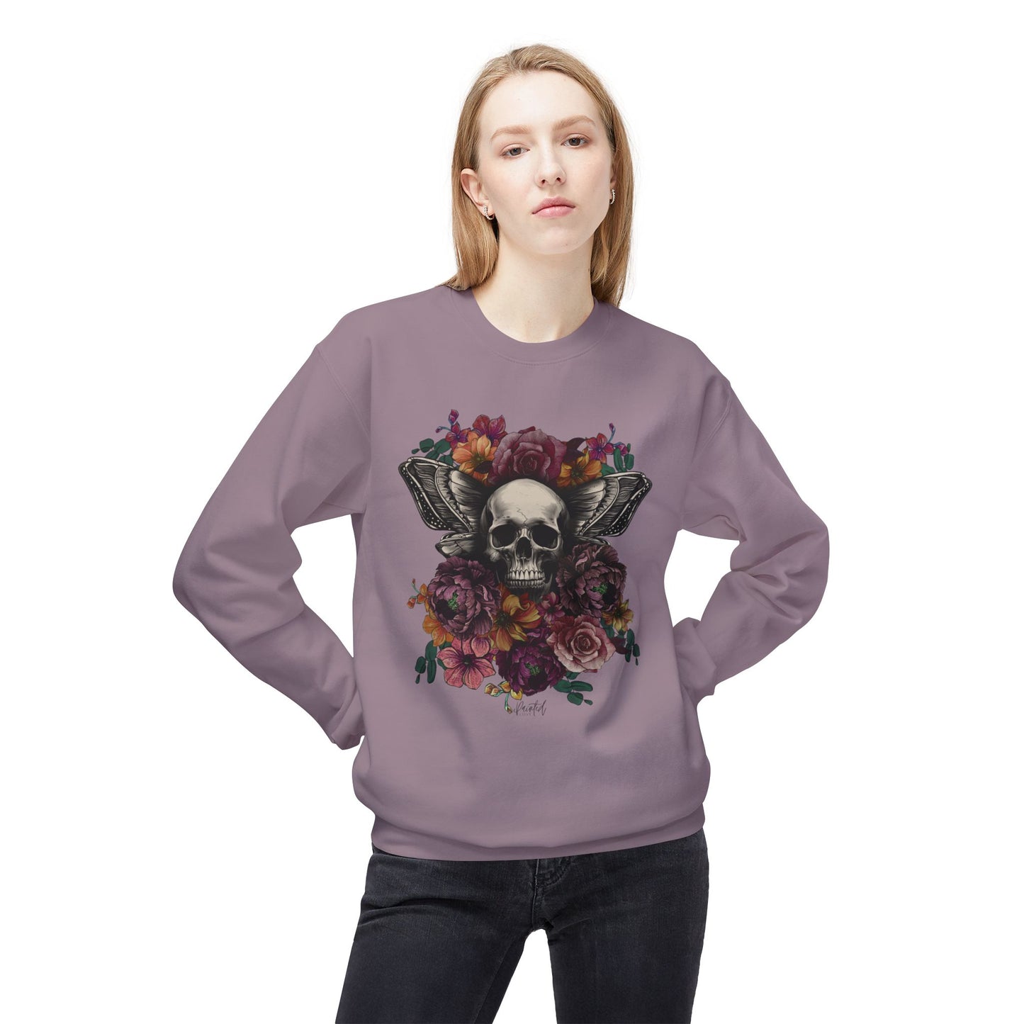 Skull Moth Wings Tattoo Flowers Sweatshirt - Painted Love Customs