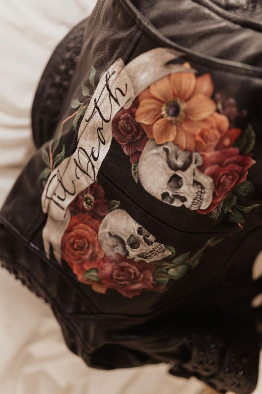 “Til Death” Hand Painted Leather Jacket with Skulls and Roses. Leather Jacket Painting Service