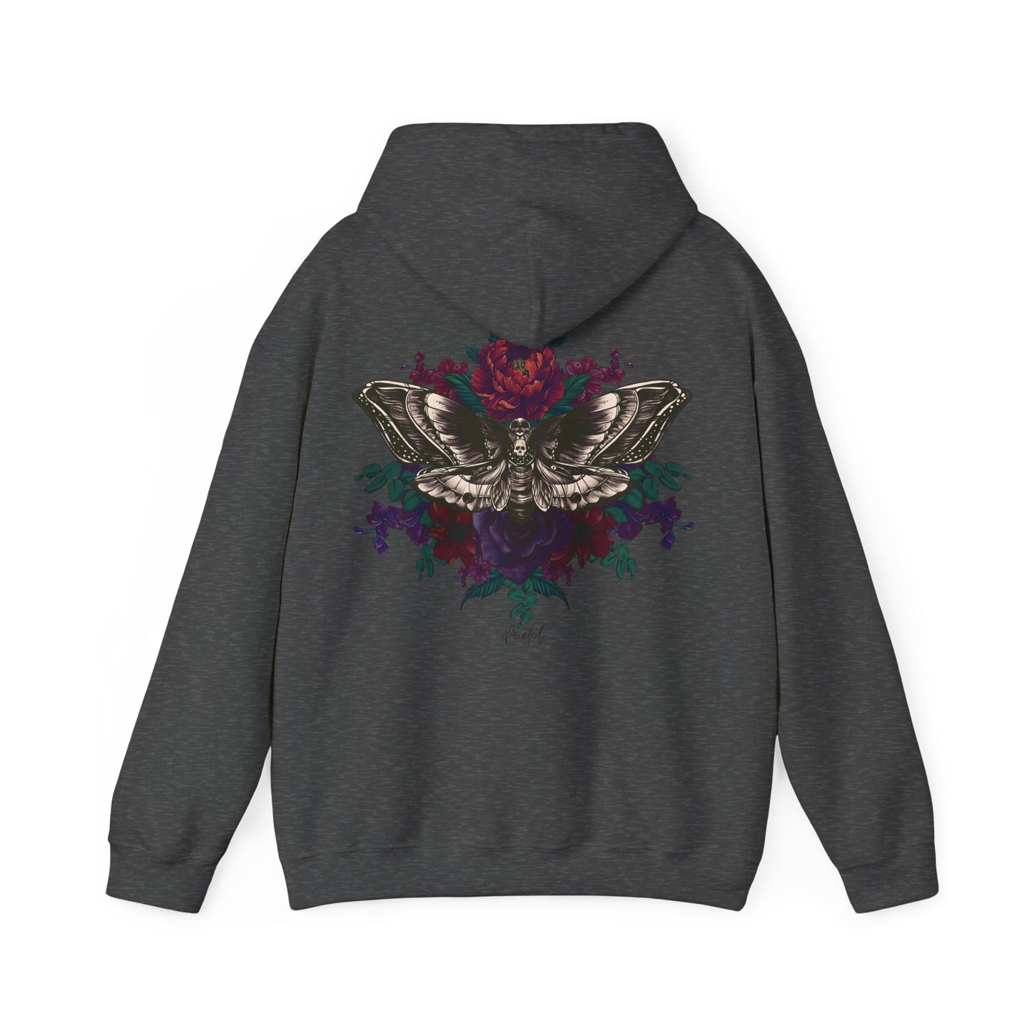 Tattoo Style Deaths Head Moth and Flowers Hoodie, Deep Purple and Burgundy