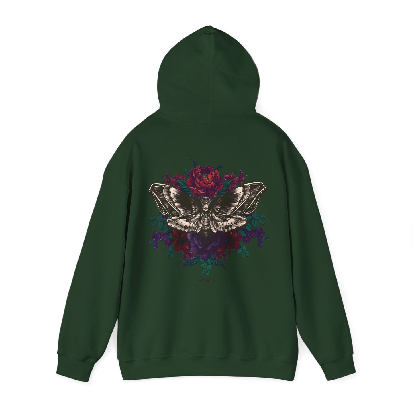 Tattoo Style Deaths Head Moth and Flowers Hoodie, Deep Purple and Burgundy