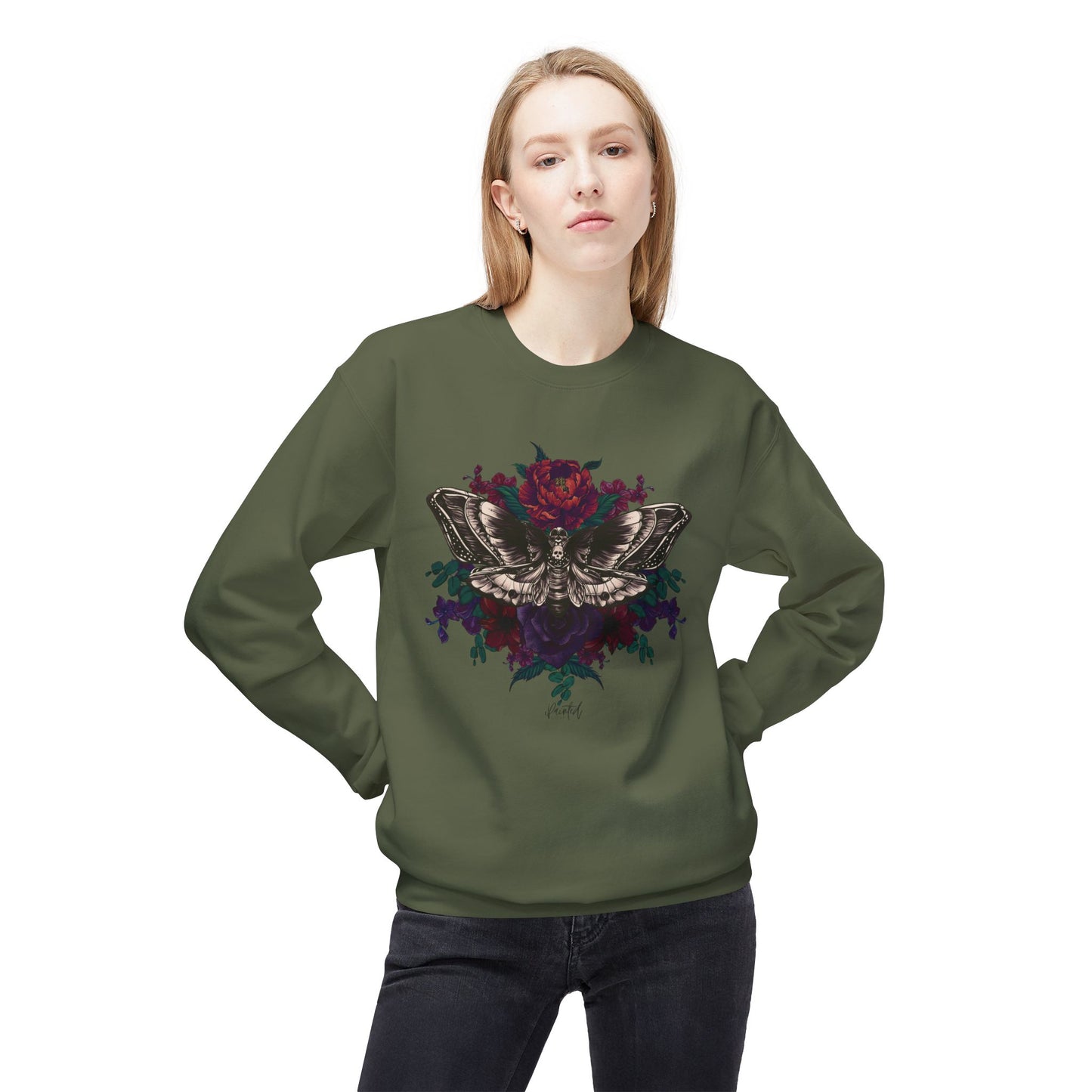 Moth and Flowers Tattoo Sweatshirt, Deep Red and Burgundy Flowers