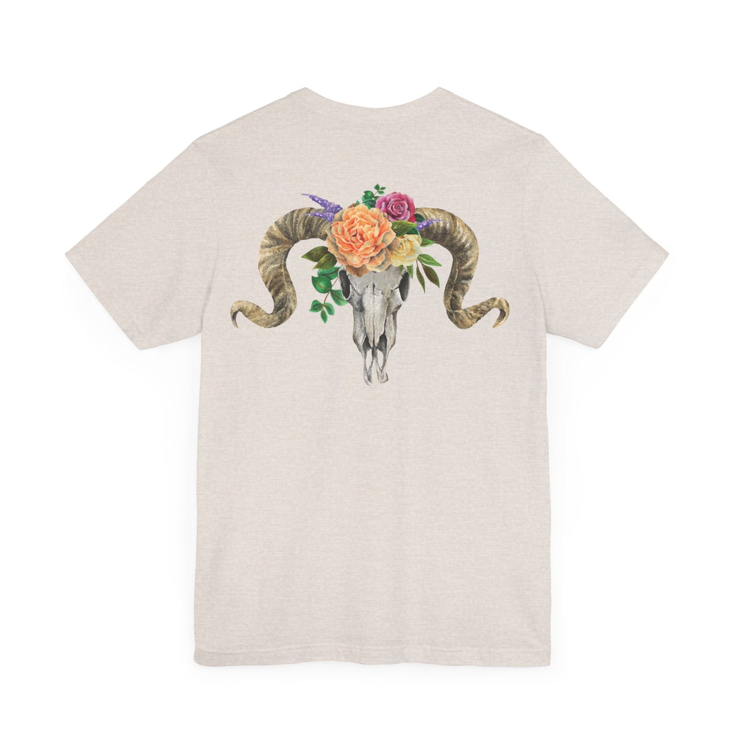 Ram Skull Back Unisex Tee, Peach Flowers