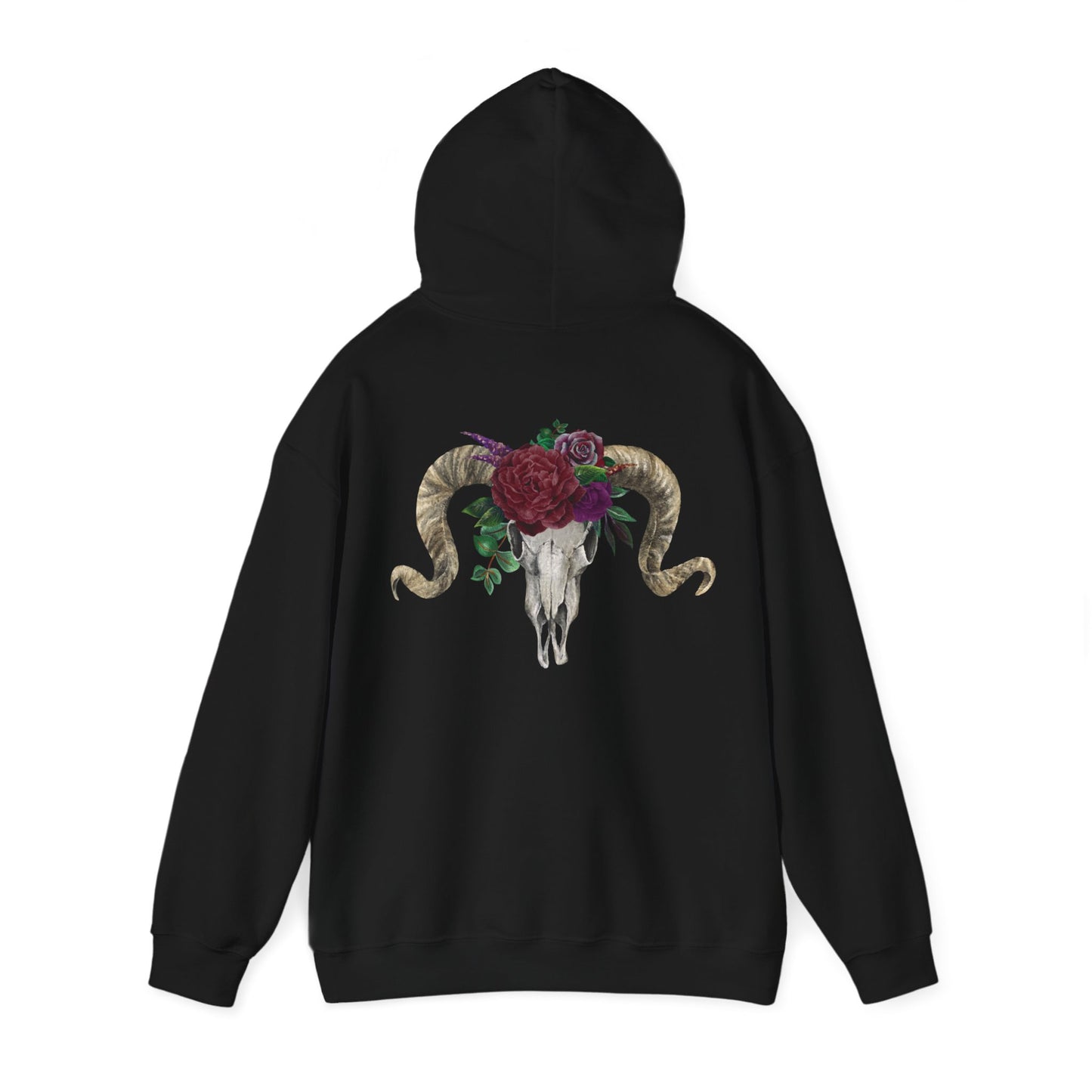 Ram Skull Back Hoodie, Burgundy Flowers