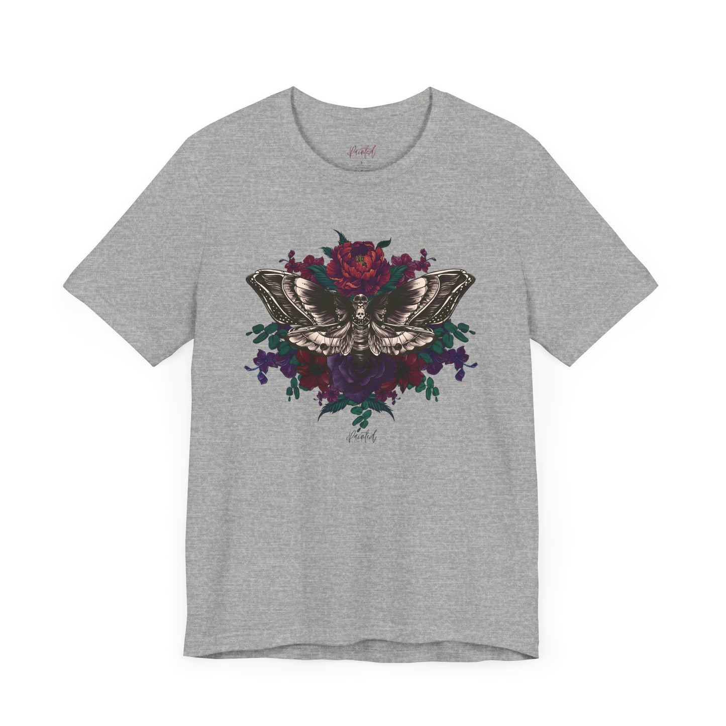 Deaths Head Moth Tattoo Style Floral Tshirt, Burgundy and Red