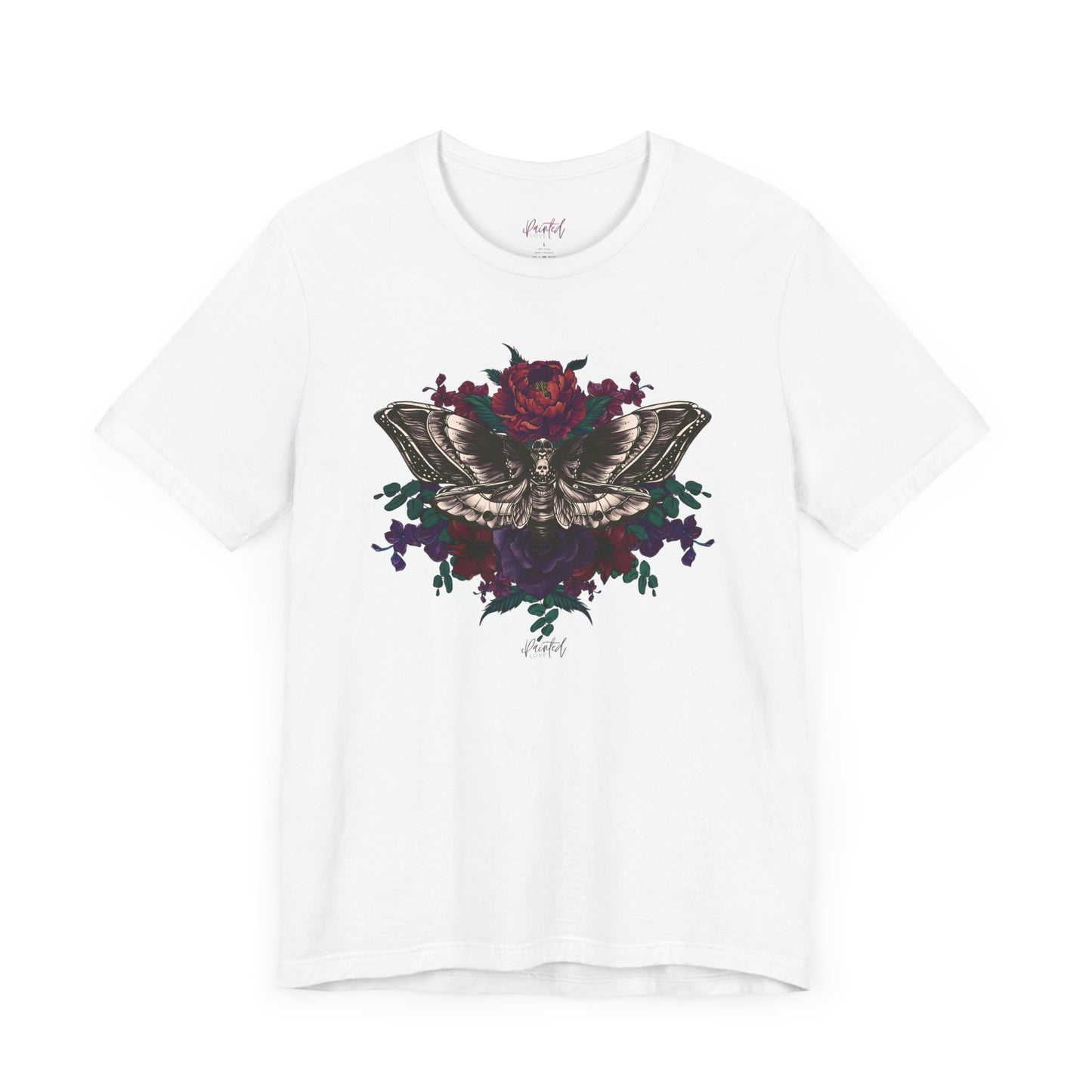 Deaths Head Moth Tattoo Style Floral Tshirt, Burgundy and Red