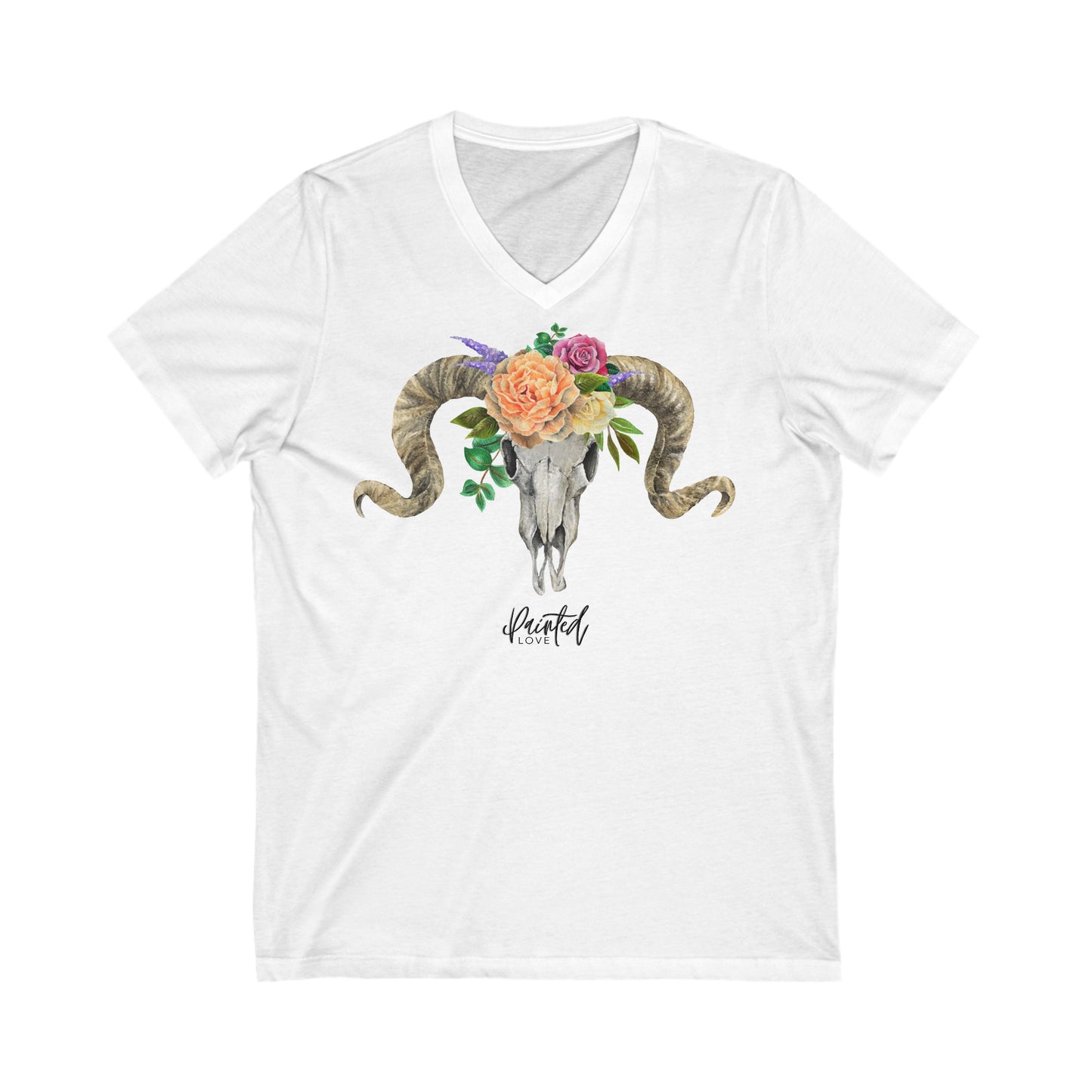 V-Neck Ram Skull and Peach Flowers Unisex Tee