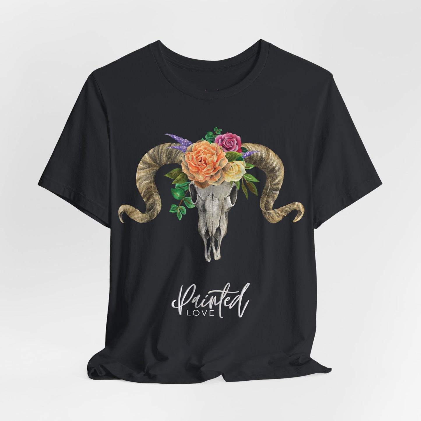 Ram Skull and flowers Unisex Tee, Peach Flowers