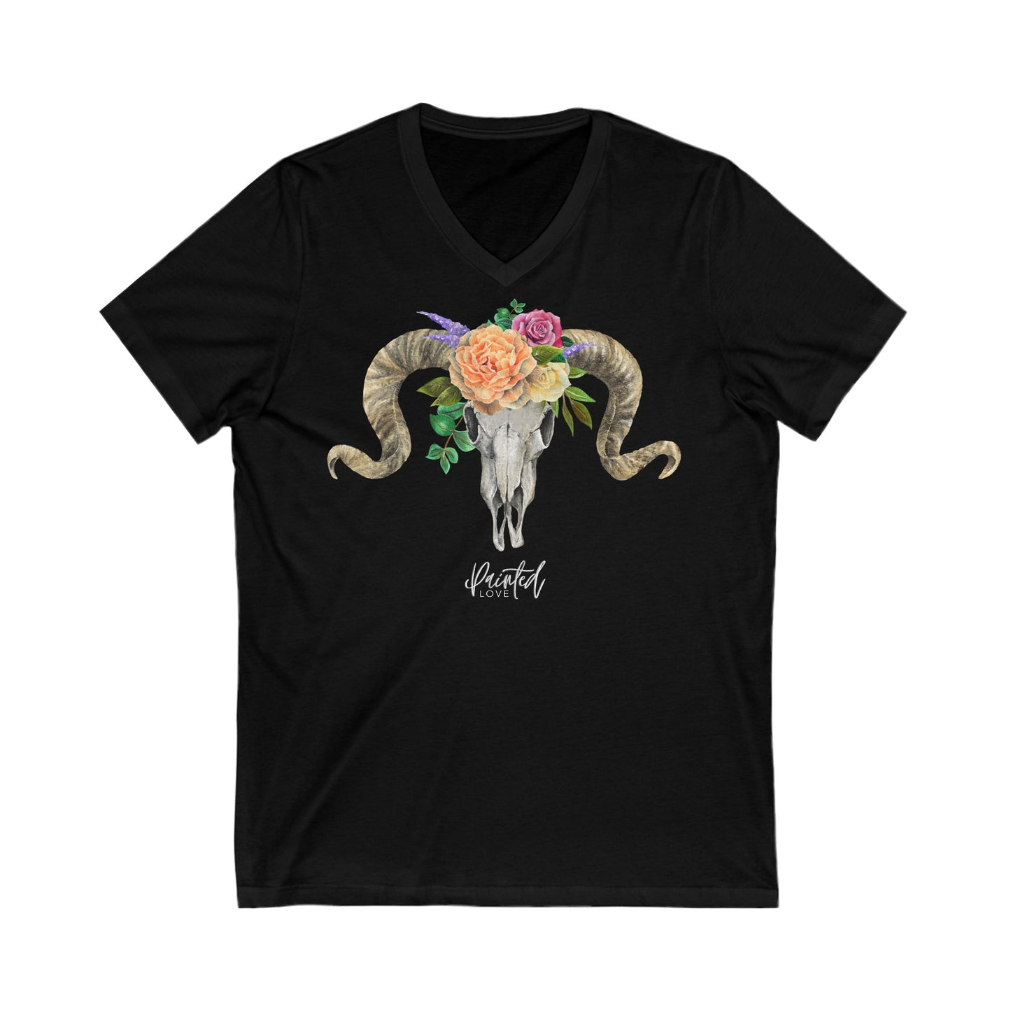 V-Neck Ram Skull and Peach Flowers Unisex Tee