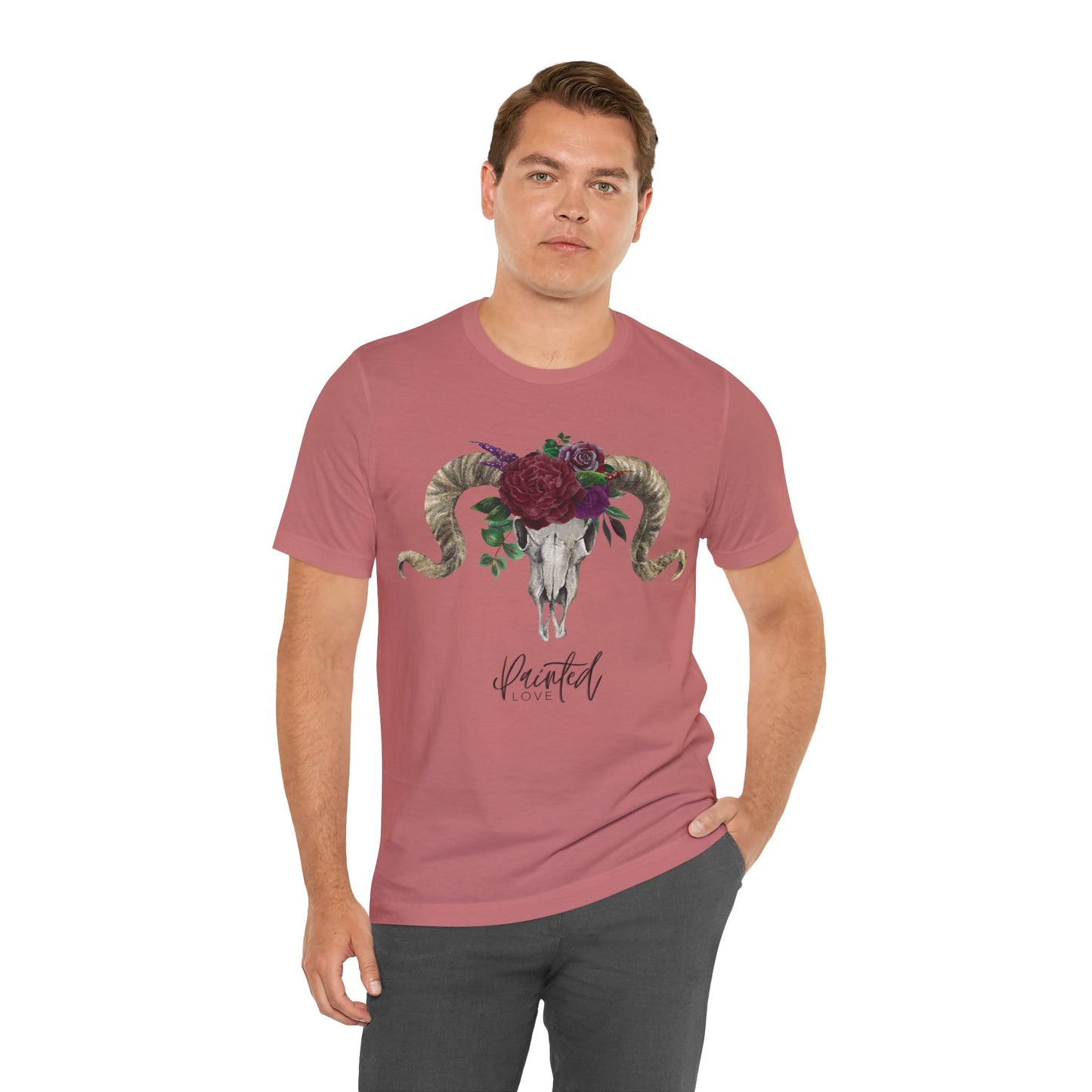 Ram Skull and flowers Unisex Tee, Burgundy Flowers