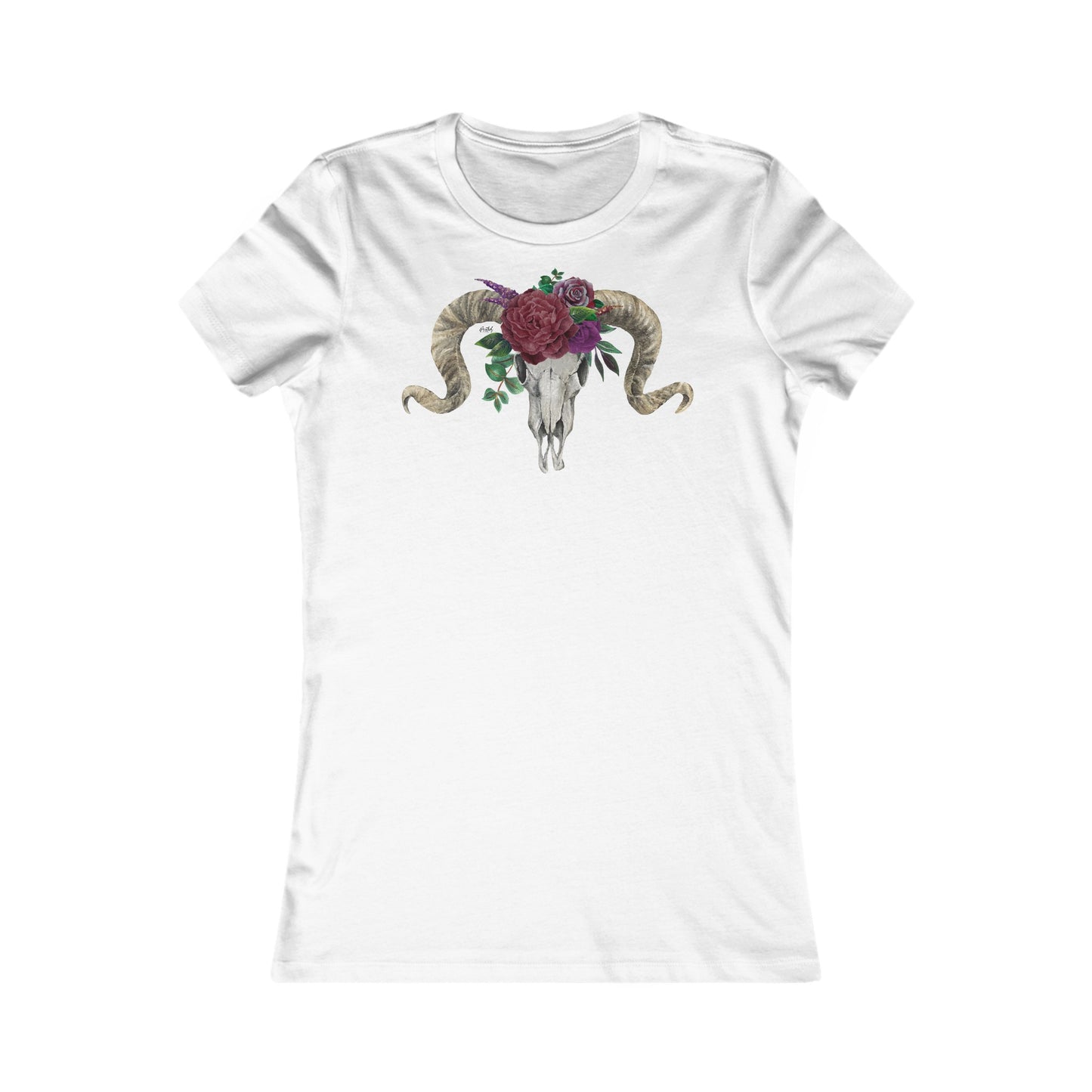 Women's Fitted Tee, Ram Skull and Burgundy Flowers