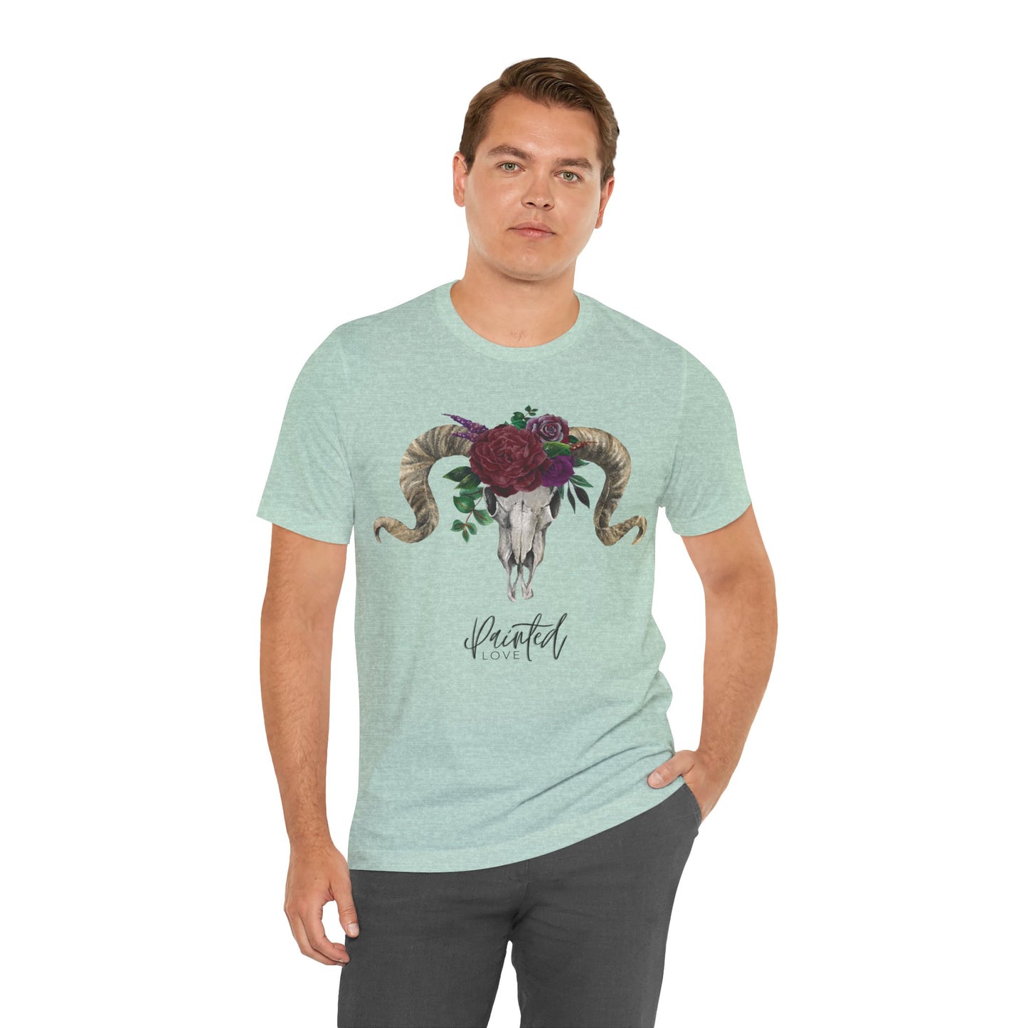 Ram Skull and flowers Unisex Tee, Burgundy Flowers