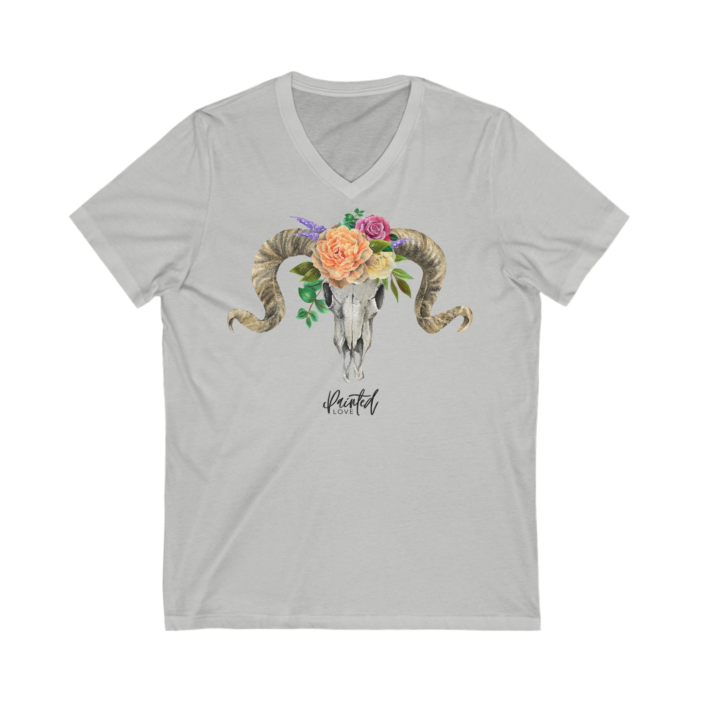 V-Neck Ram Skull and Peach Flowers Unisex Tee