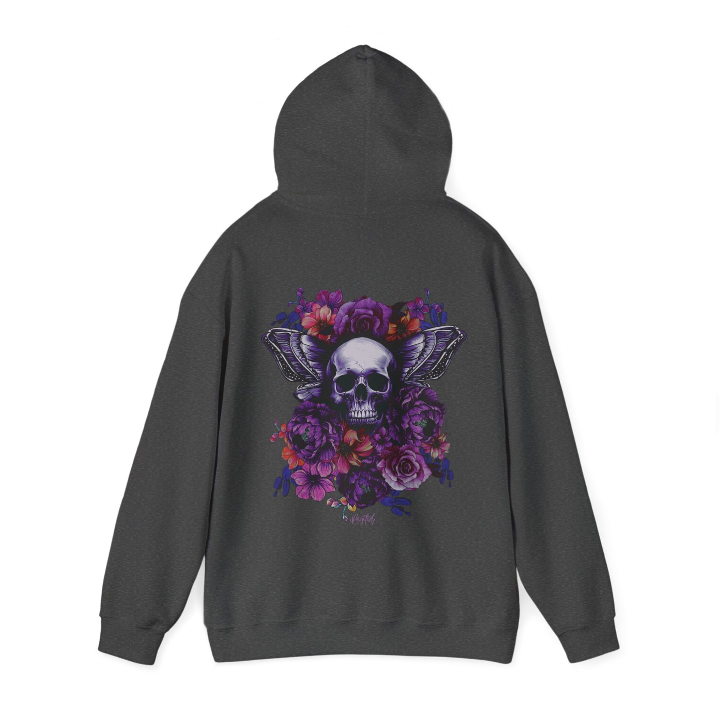 Unisex Hoodie with Skull, Moth Wings, and Tattoo Style Flowers, Painted Love Customs Logo, Neon Flowers