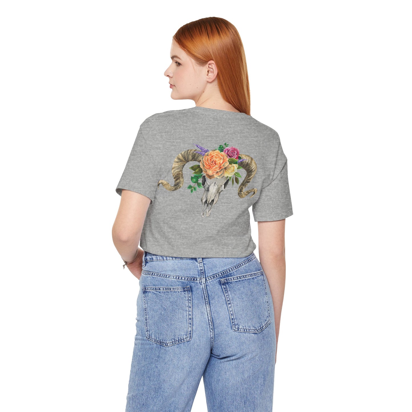 Ram Skull Back Unisex Tee, Peach Flowers