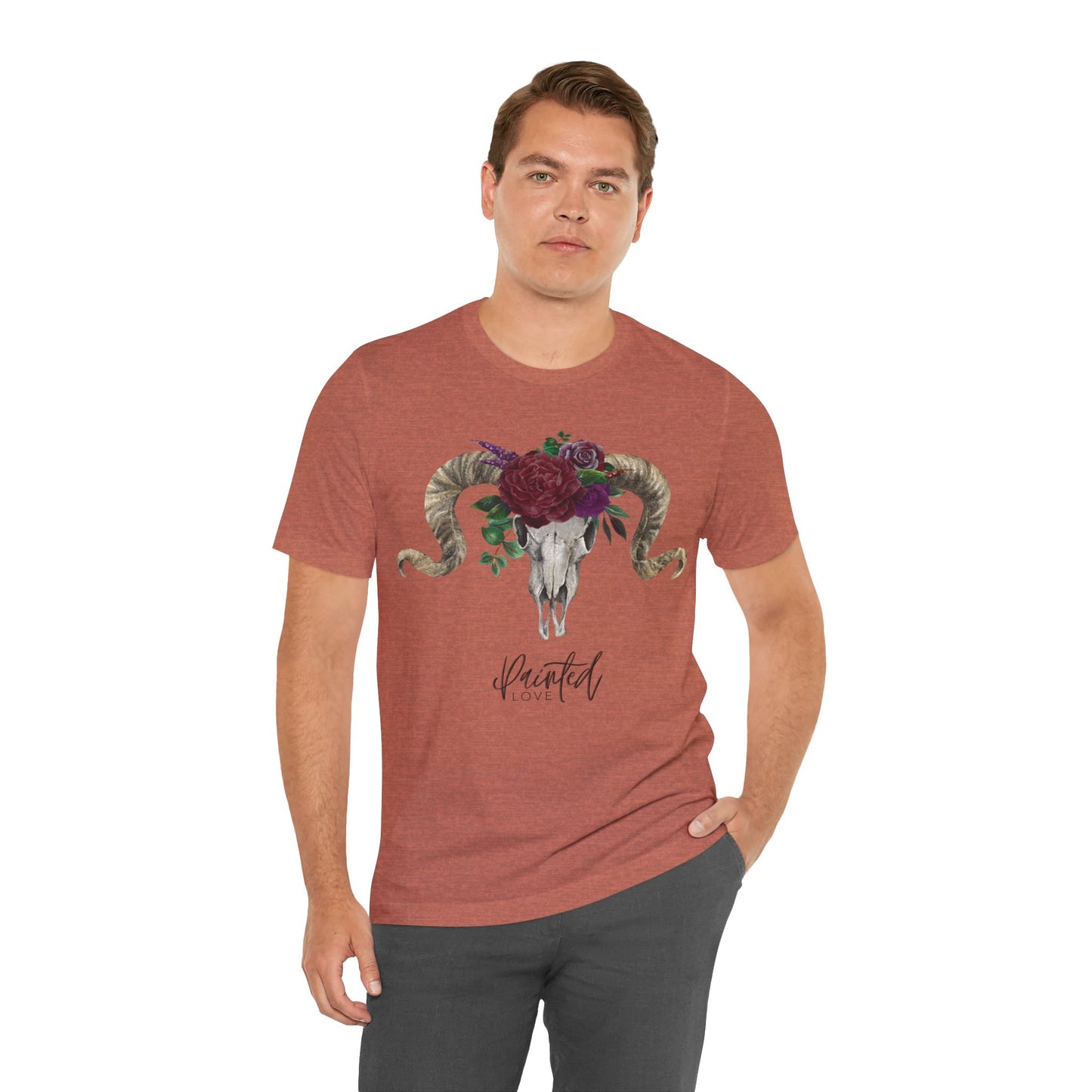 Ram Skull and flowers Unisex Tee, Burgundy Flowers