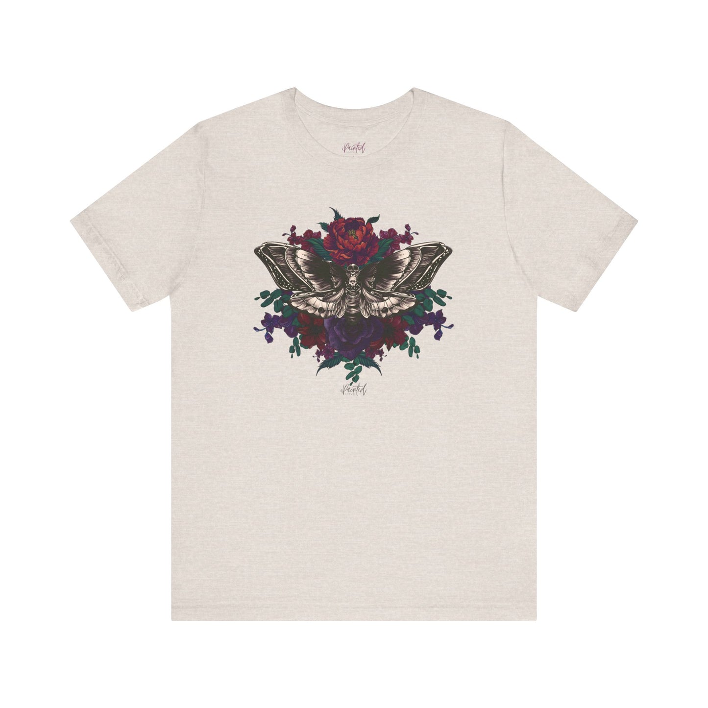 Deaths Head Moth Tattoo Style Floral Tshirt, Burgundy and Red