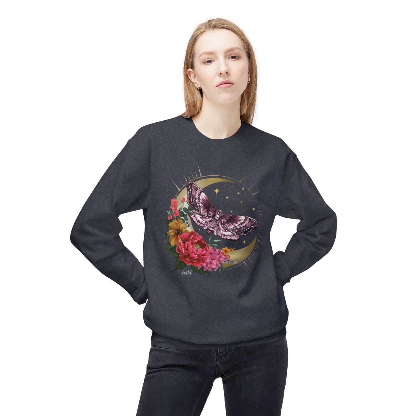 Witchy Vibes Celestial Moth and Flowers Sweatshirt - Painted Love Customs