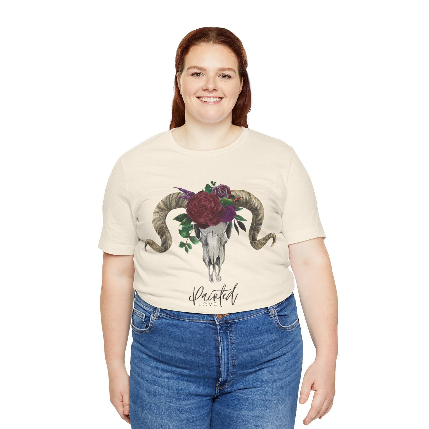 Ram Skull and flowers Unisex Tee, Burgundy Flowers