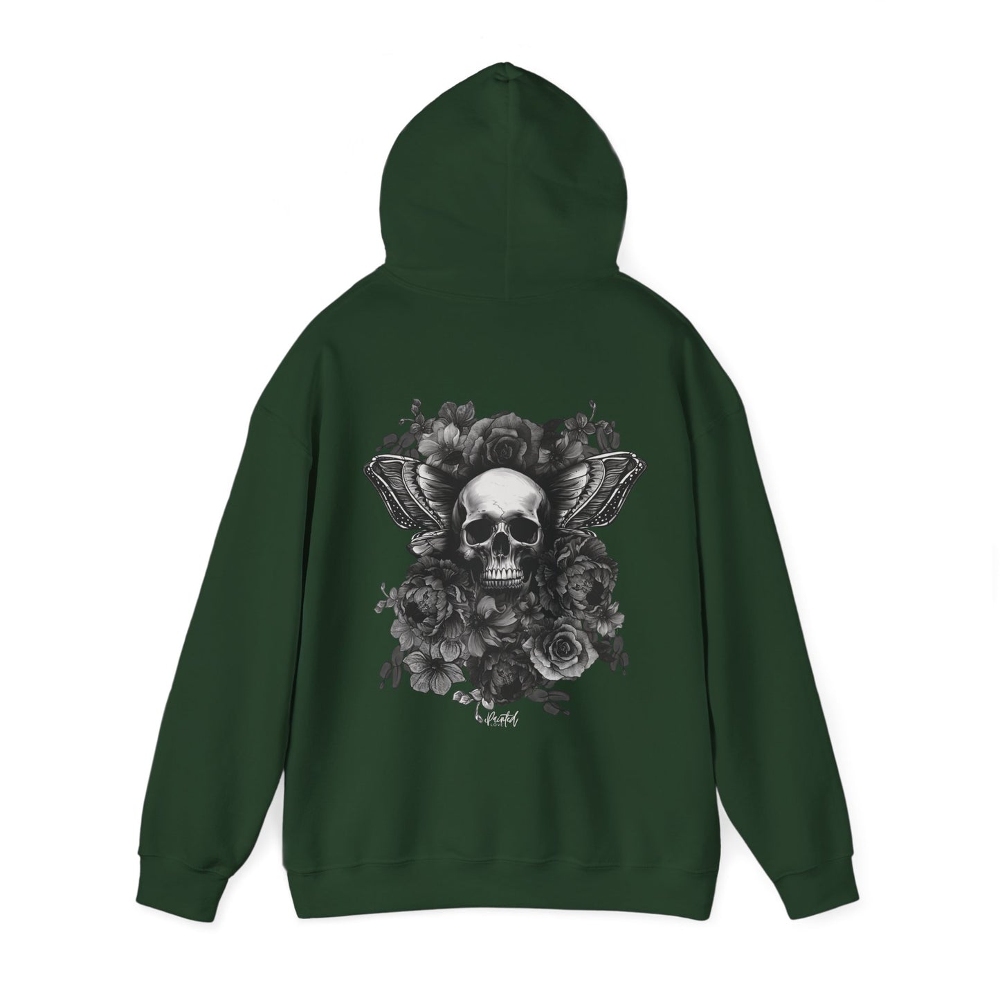 Unisex Hoodie with Skull, Moth Wings, and Tattoo Style Flowers, Painted Love Customs Logo, Greyscale Flowers