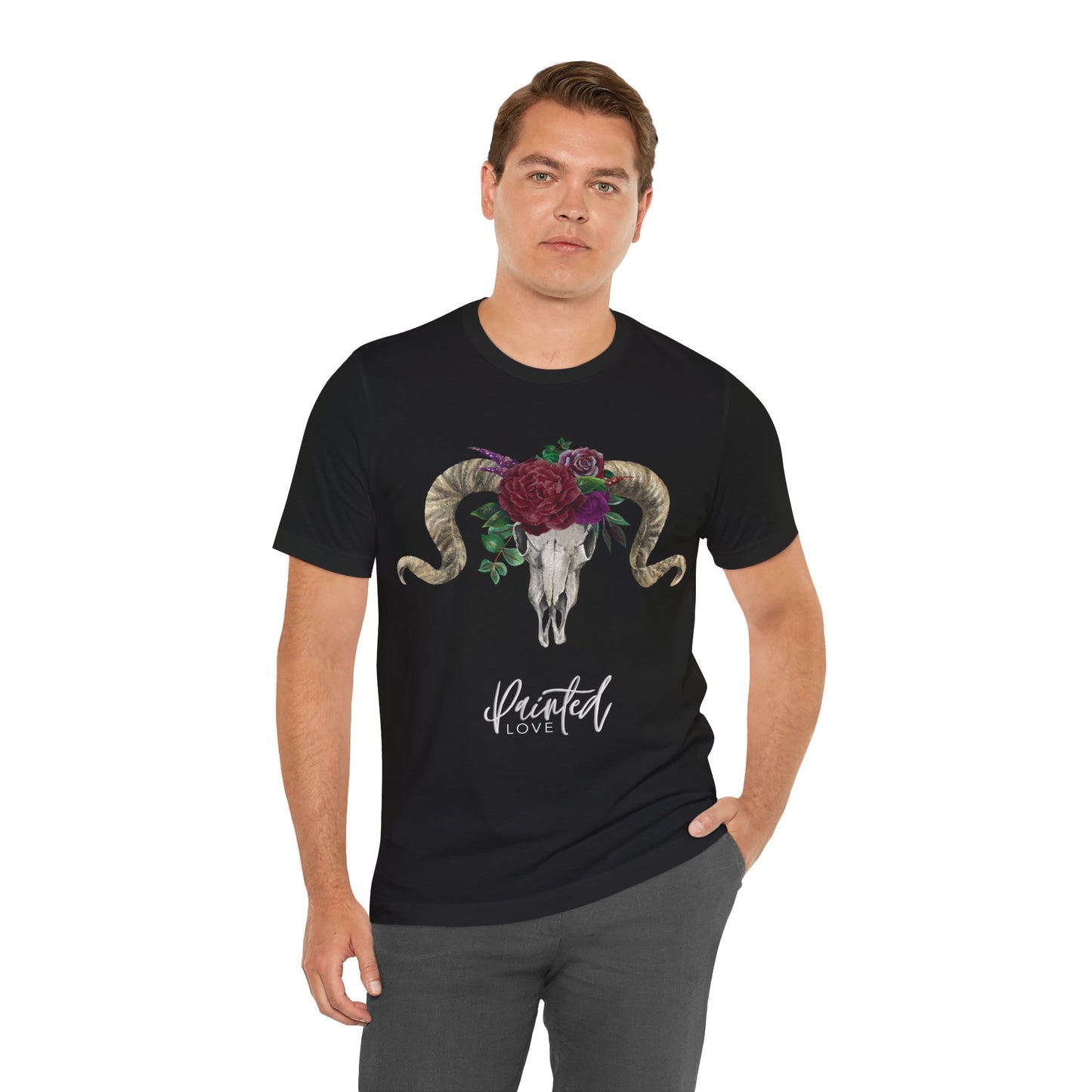 Ram Skull and flowers Unisex Tee, Burgundy Flowers