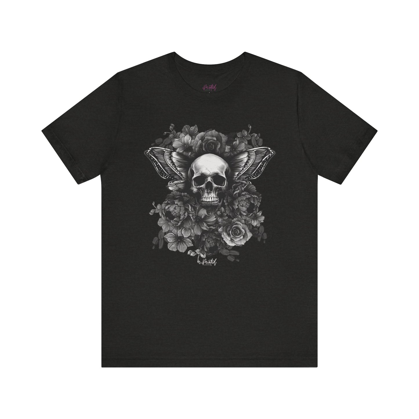 Floral Skull Tattoo Style Tee, Greyscale flowers