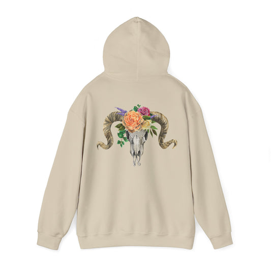 Ram Skull Back Hoodie, Peach Flowers