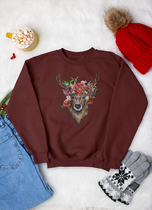 Christmas Sweatshirt, Deer and Flowers