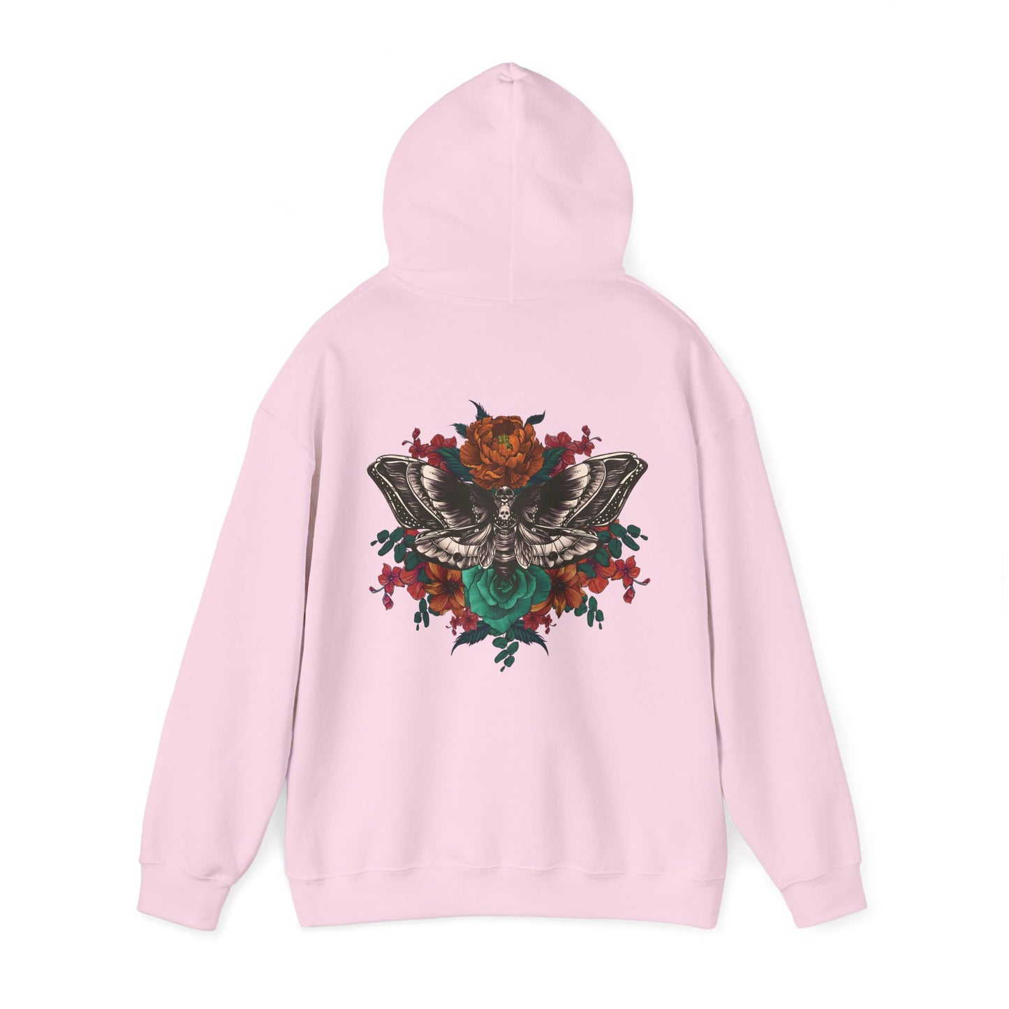 Tattoo Style Deaths Head Moth and Flowers Hoodie, Reds and Oranges