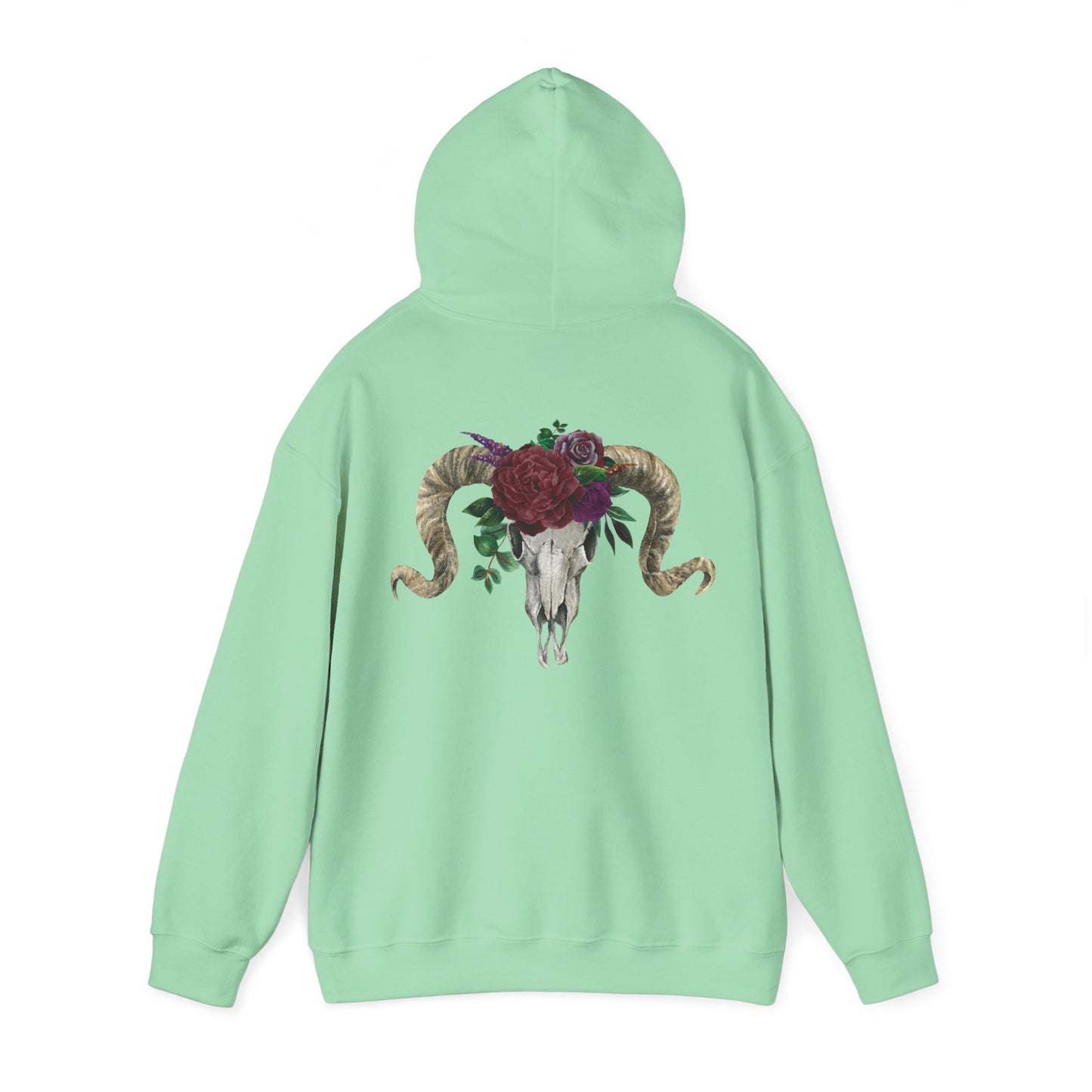 Ram Skull Back Hoodie, Burgundy Flowers