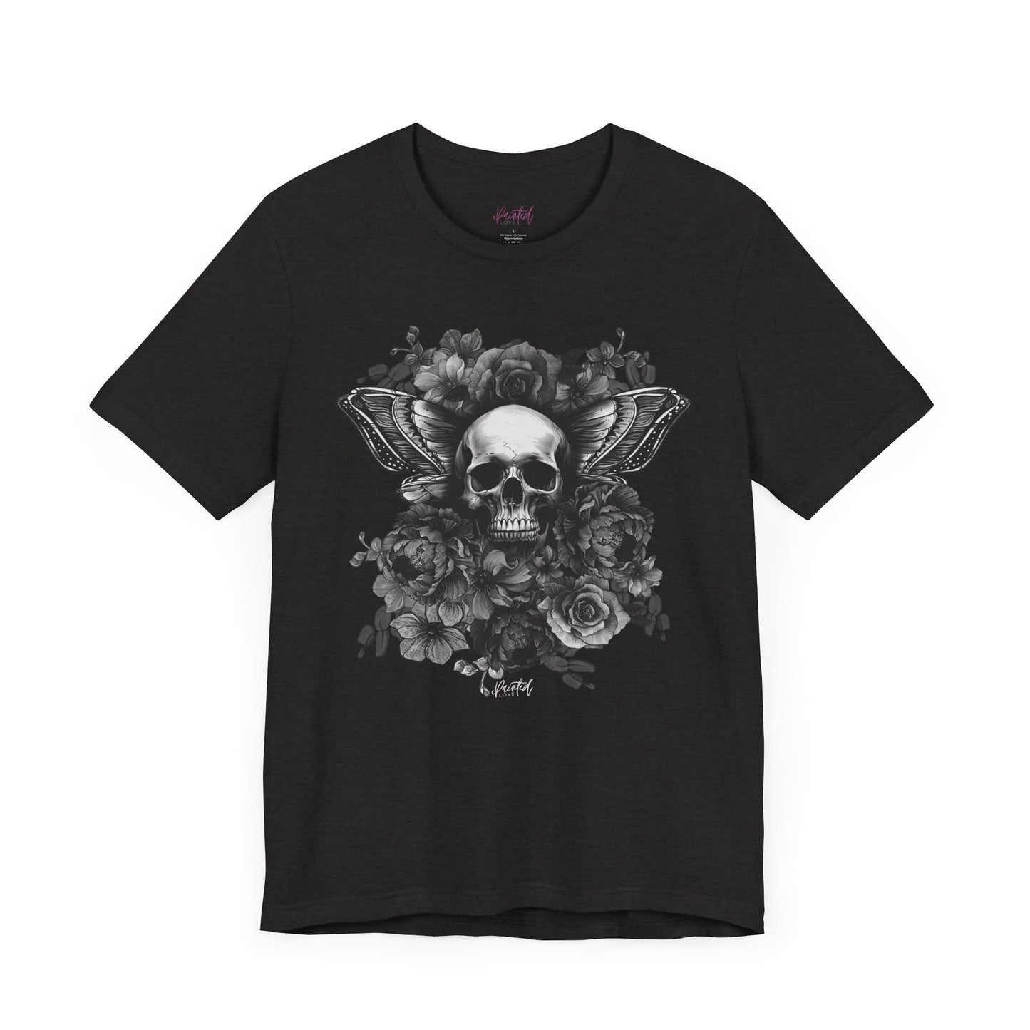 Floral Skull Tattoo Style Tee, Greyscale flowers