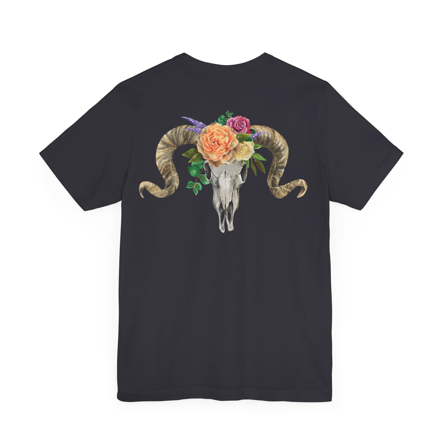 Ram Skull Back Unisex Tee, Peach Flowers