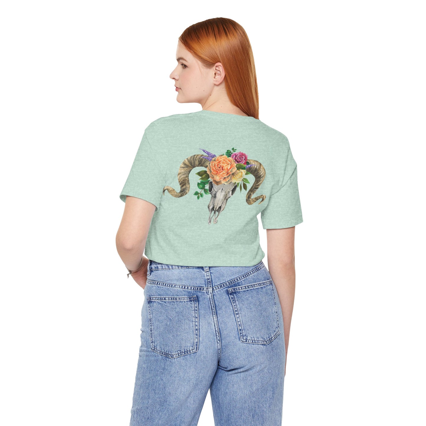 Ram Skull Back Unisex Tee, Peach Flowers