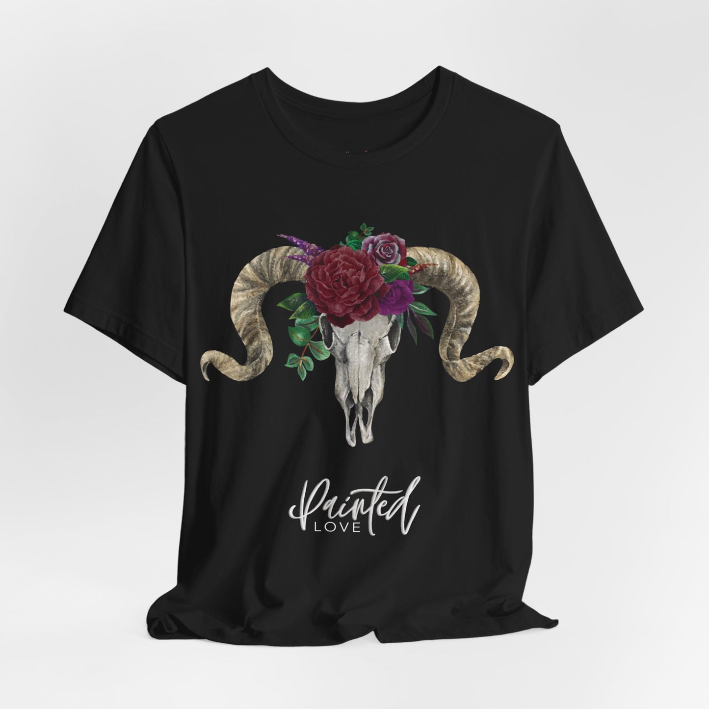 Ram Skull and flowers Unisex Tee, Burgundy Flowers