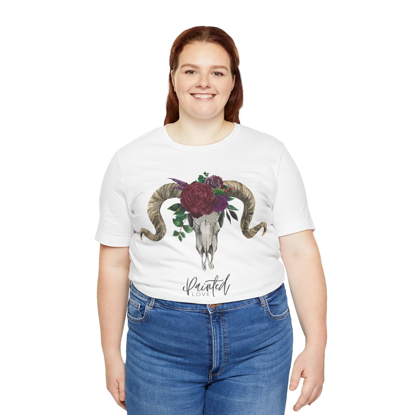 Ram Skull and flowers Unisex Tee, Burgundy Flowers