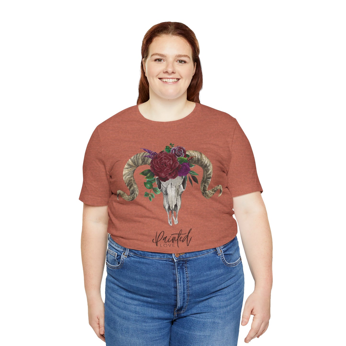 Ram Skull and flowers Unisex Tee, Burgundy Flowers