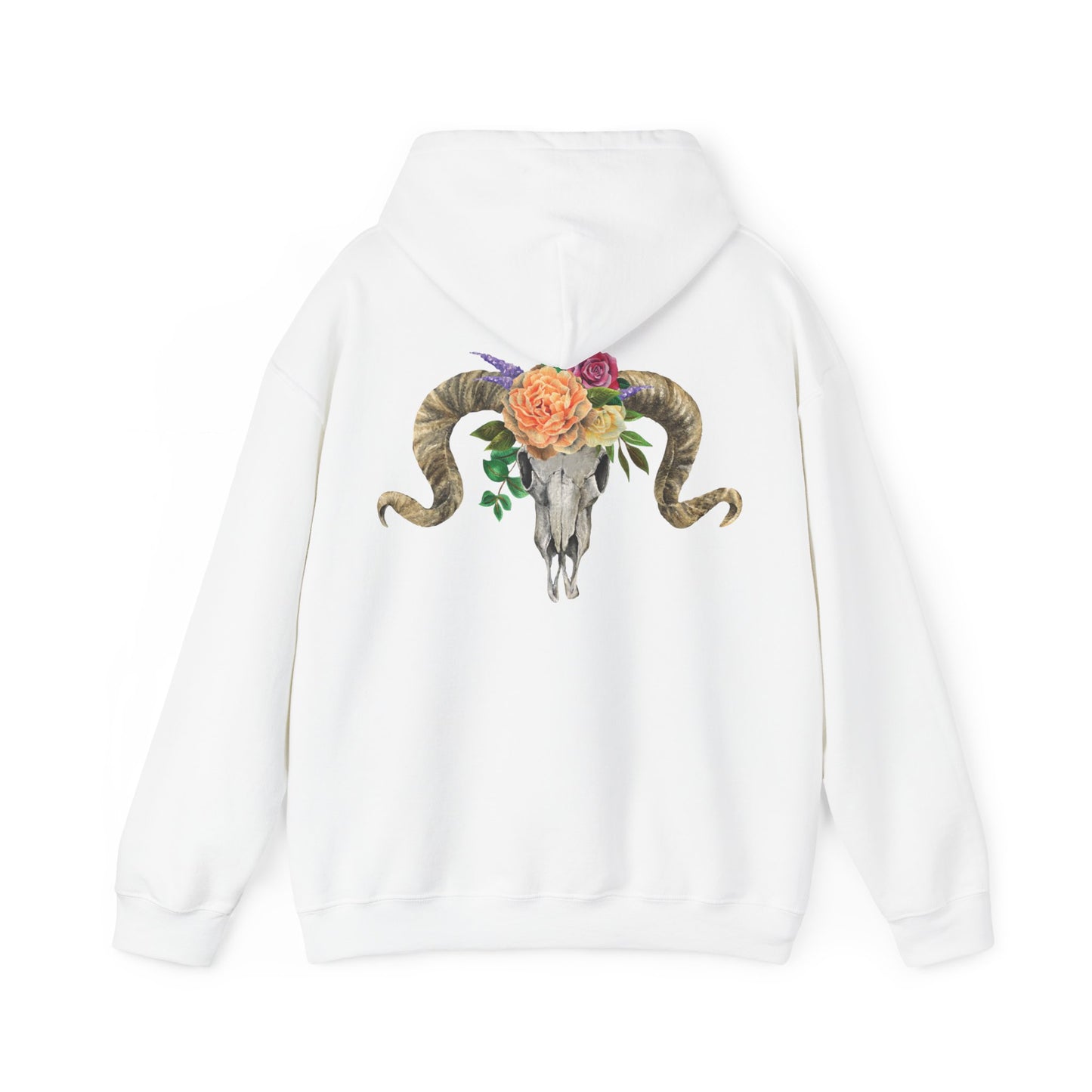 Ram Skull Back Hoodie, Peach Flowers