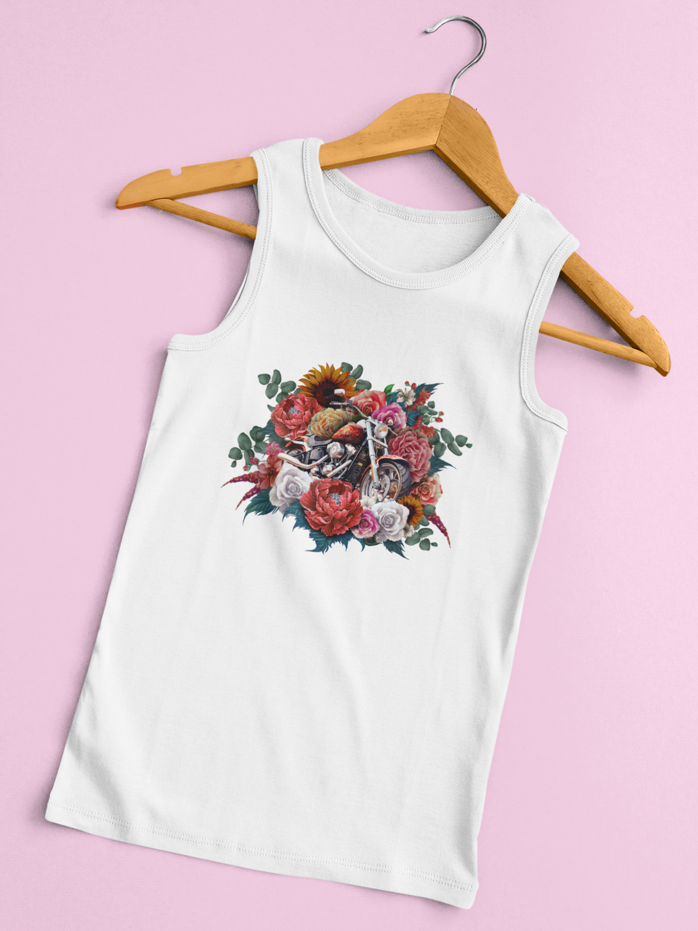 Tank Top with Motorcycle and Flowers Design