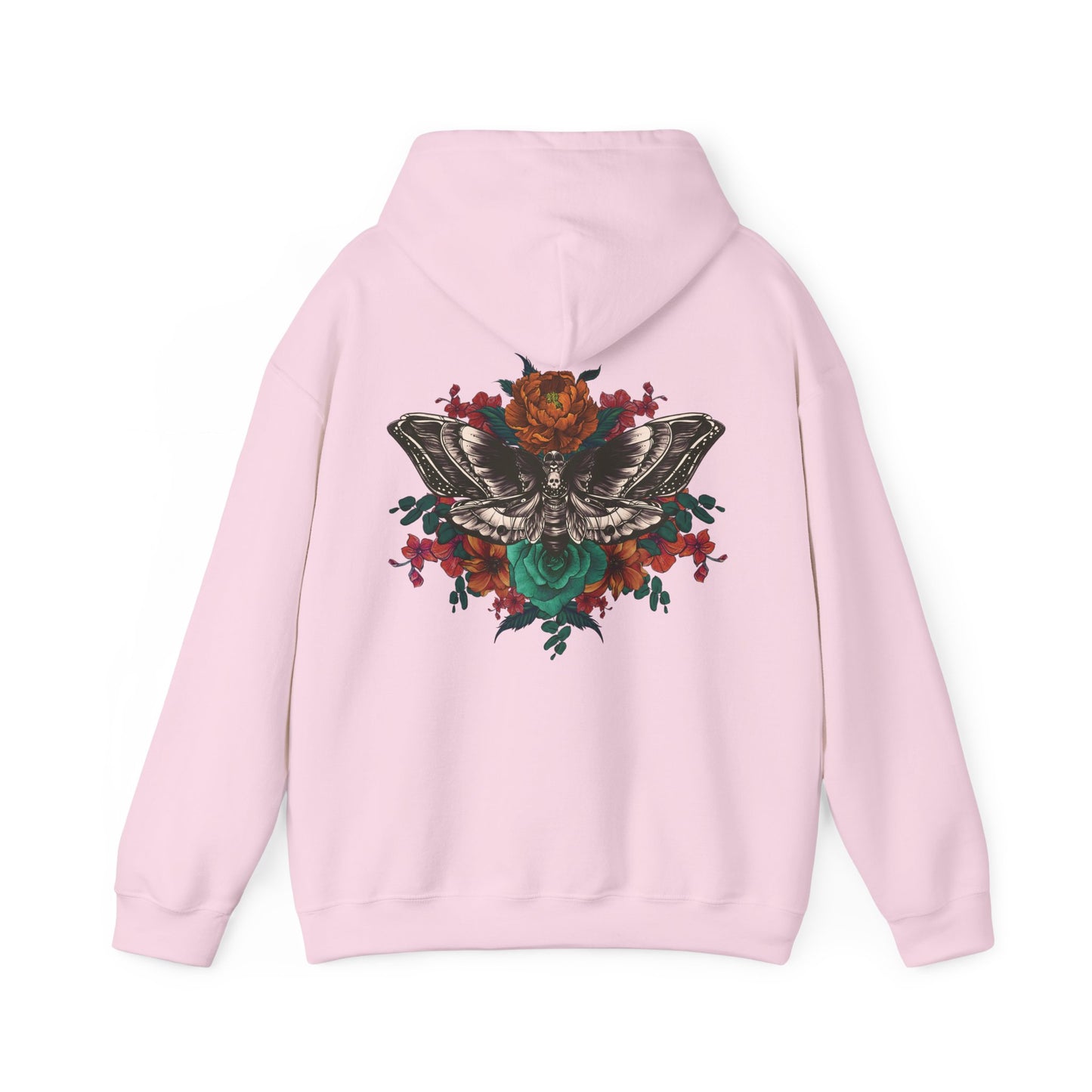 Tattoo Style Deaths Head Moth and Flowers Hoodie, Reds and Oranges