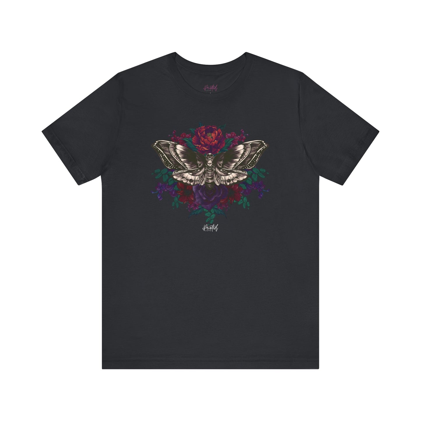 Deaths Head Moth Tattoo Style Floral Tshirt, Burgundy and Red