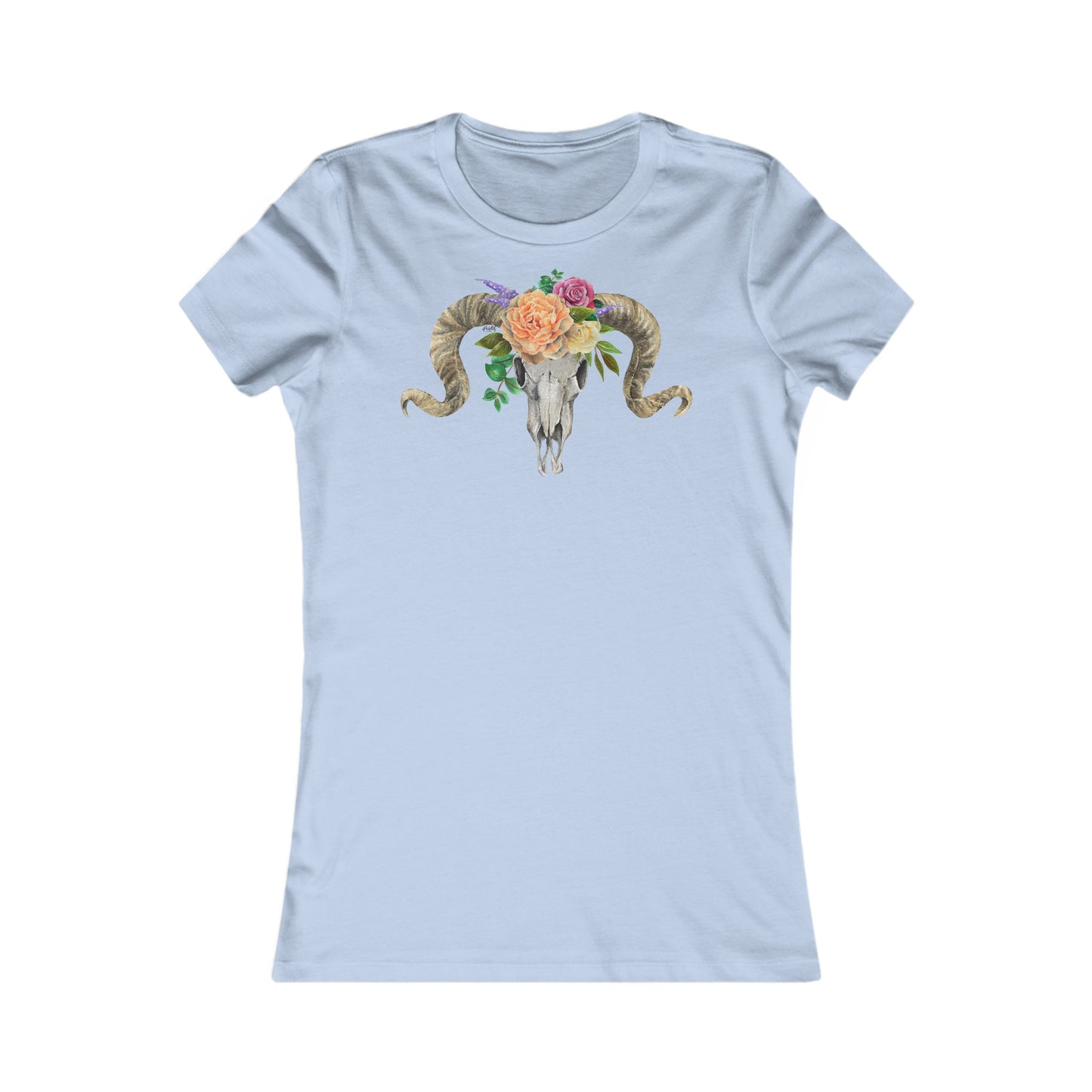 Women's Fitted Tee, Ram Skull and Peach Flowers