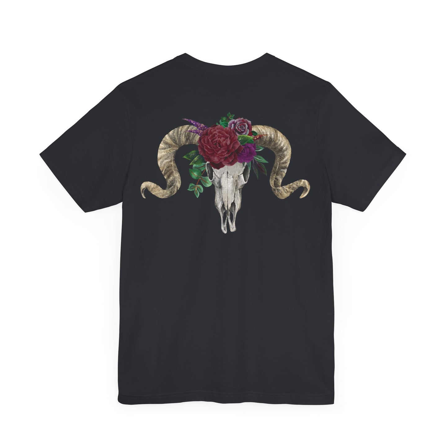 Ram Skull Back Design Unisex Tee, Burgundy Flowers.