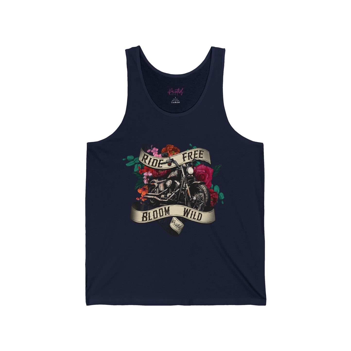 Tank Top with Tattoo Style Motorcycle and Flowers Design